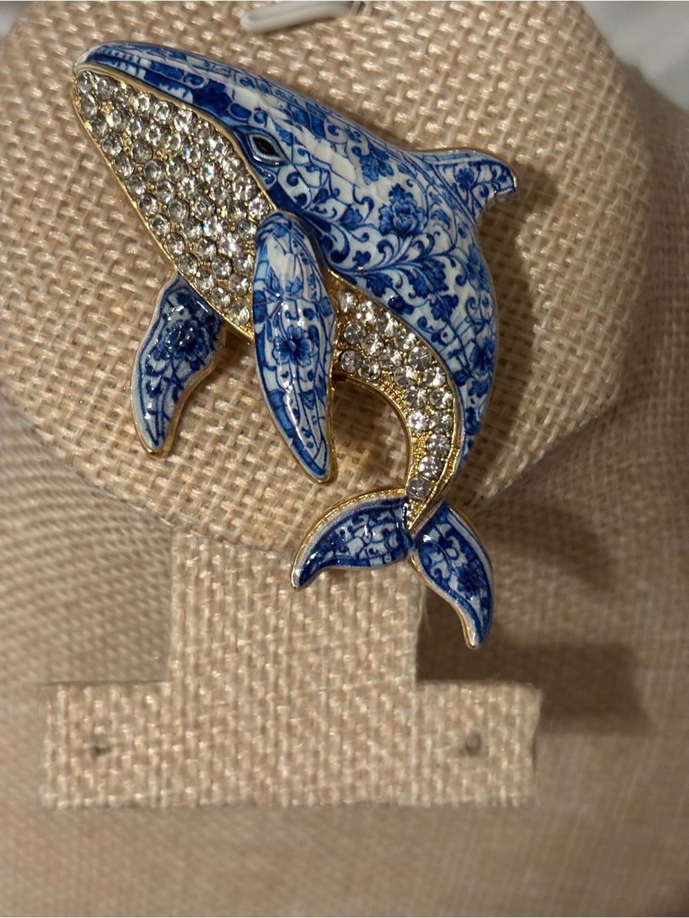 Blue Porcelain-Inspired Whale Brooch with Crystals